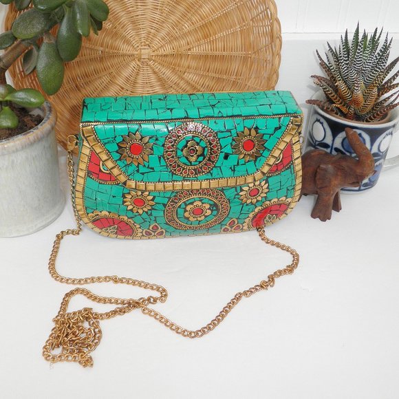 Antik Kraft Boho Amoli Brass & Mosaic Crossbody Clutch Turquoise Anthropologie - Picture 14 of 14